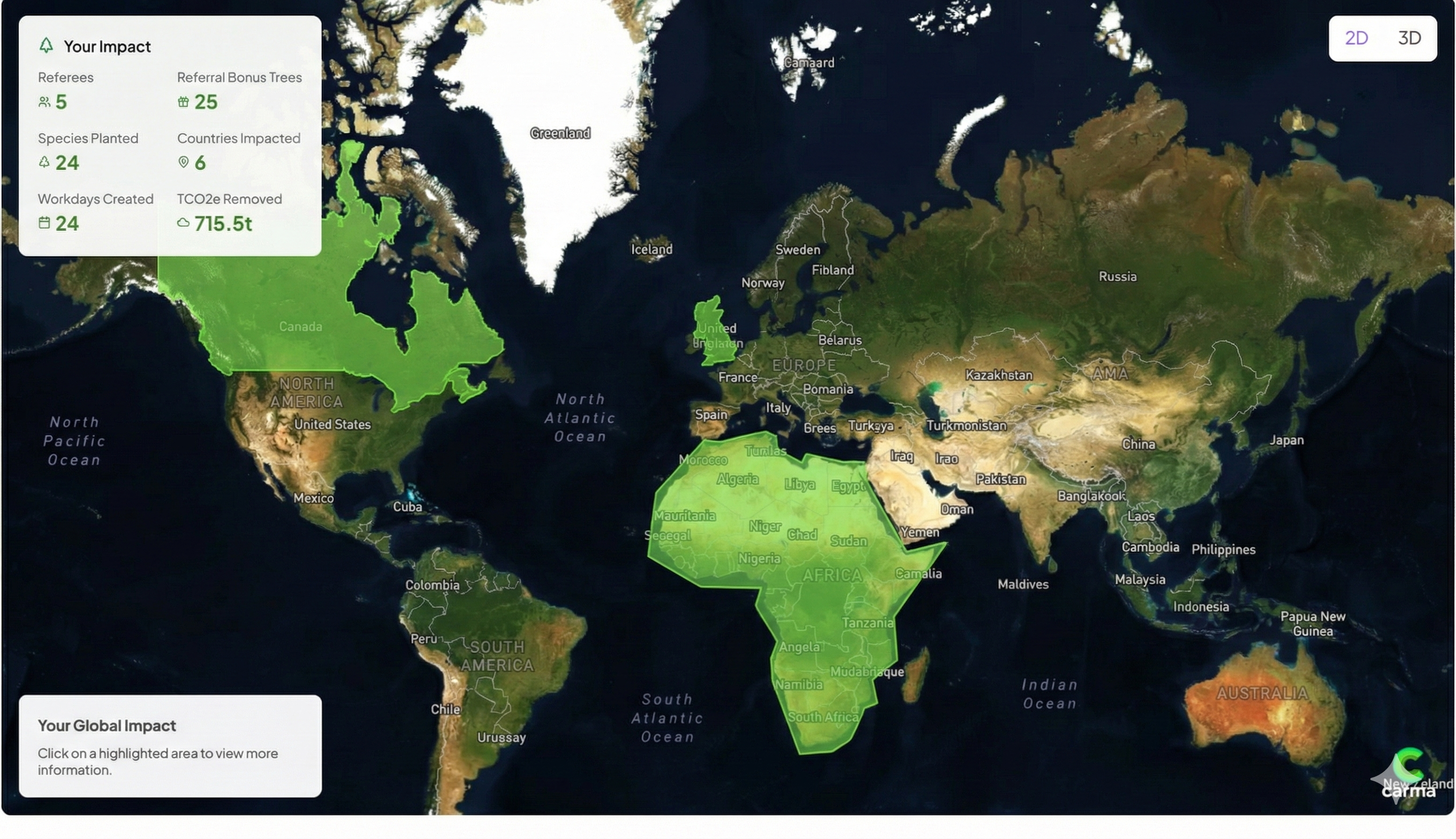The Carma Impact Dashboard showing tree and kelp locations